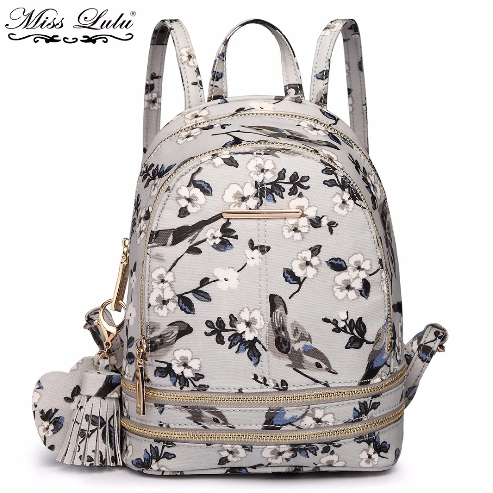 

Miss Lulu Women Designer Backpack Rucksack Bird Daypack Girls School Bags Grey Flower Matte Oilcloth Small Shoulder Bag YD1704