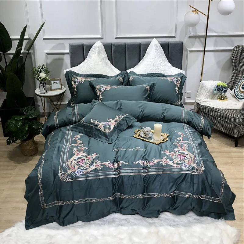 

New Blackish Green Pink Luxury Flowers Embroidery Egyptian Cotton Bedding Set Duvet Cover Bed sheet Bed Linen Pillowcases 4pcs