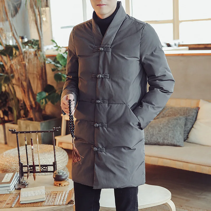 

New winter Chinese style design warm Thicken Padded Retro buckle coat jackets for men long section casual loose overcoat men