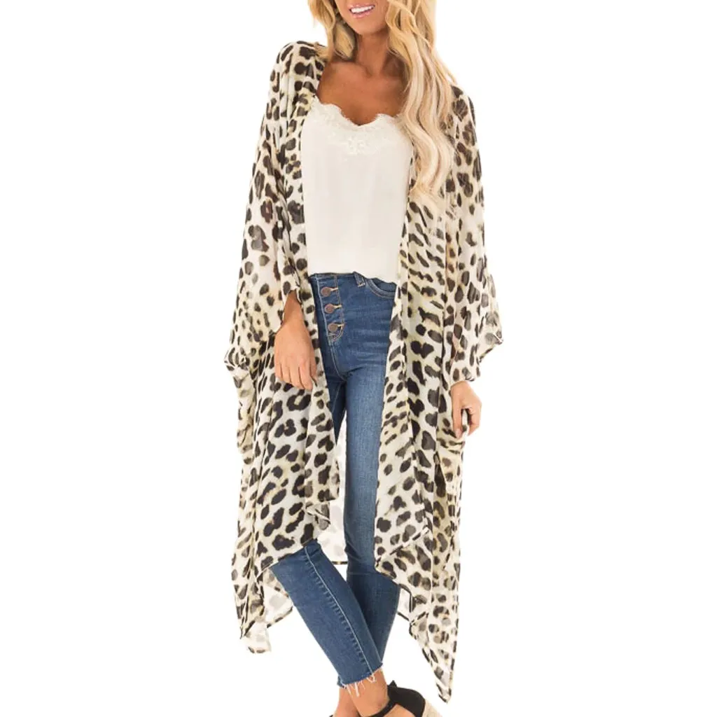 

Women Kimono Cardigan Leopard Printed Blouse Fashion Summer Long Sleeve Cardigan Loose Kimono Blouse Tops