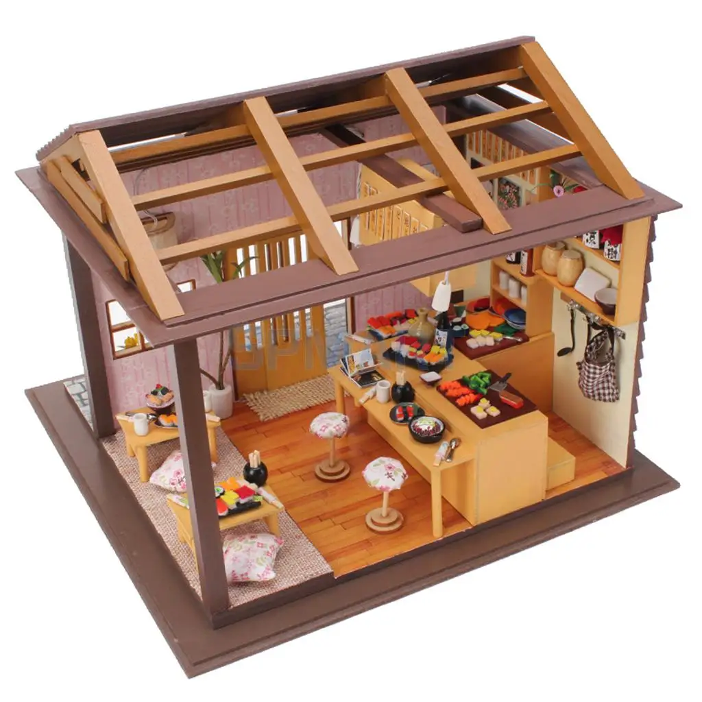 

DIY 3D Wooden Handcraft Miniature Doll House Kit with LED Light Kids Girls Gift Decor - Sakura Sushi Shop