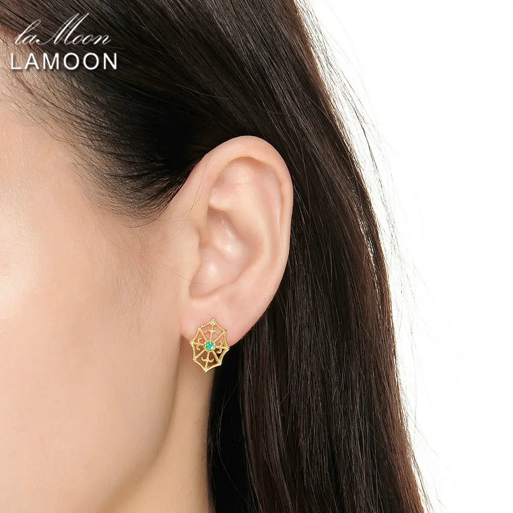 LAMOON Spider Web 2.5mm Round Cut Green Emerald 925 sterling-silver-jewelry Stud Earring S925 LMEI052