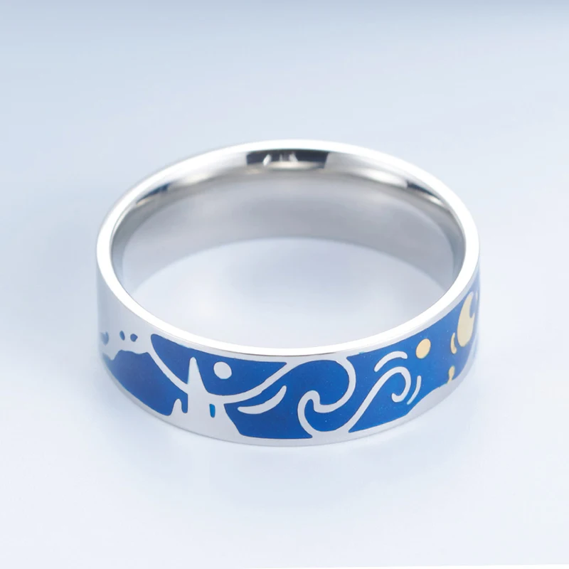 Звездная ночь кольцо для влюбленных из нержавеющей стали обручальное кольцо с голубой эмалью романтическое обручальное кольцо подарок для мальчика и девушки
