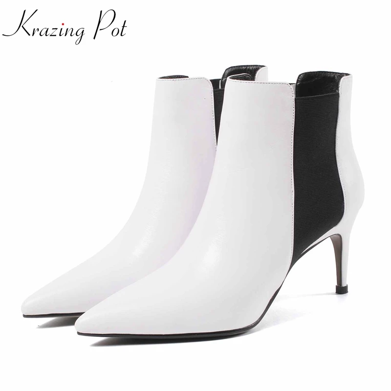 

Krazing Pot 2019 full grain leather thin high heel basic design boots pointed toe European mixed color plus size ankle boots L76