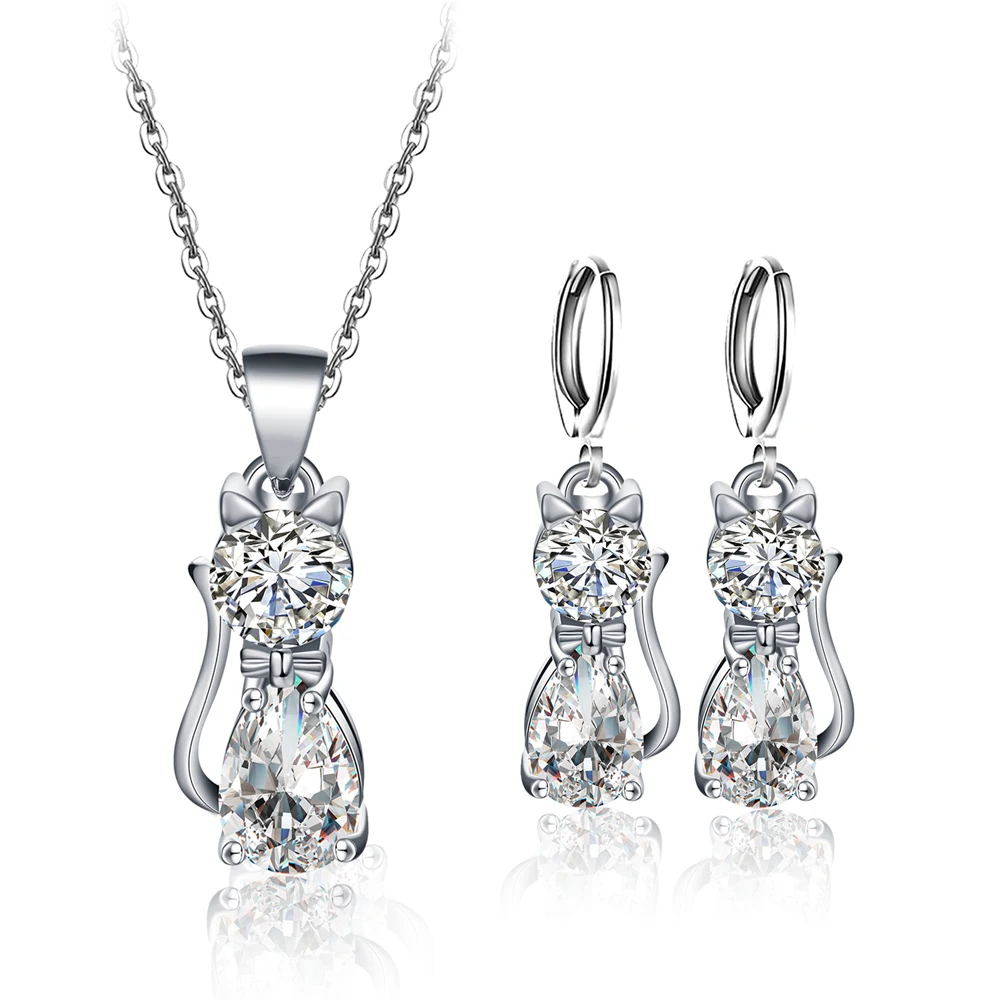 

Jewelry Set Lovely Cat Zircon Stud Earrings Long Necklace for Women White Gold Color Neckaces & Pendants