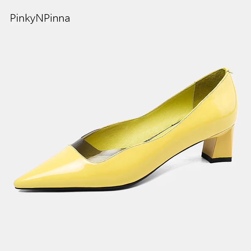 

Ladies genuine leather pumps candy yellow color square med heels pointed toe PVC front four seasons dress office women shoes