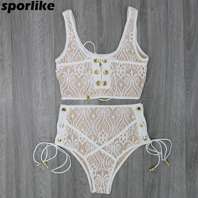 Sporlike Blcak White Lace High Waist Swimsuit Bikini Set 2017 Sexy Solid Bikinis Women Push Up Swimwear Banting Suit Swim