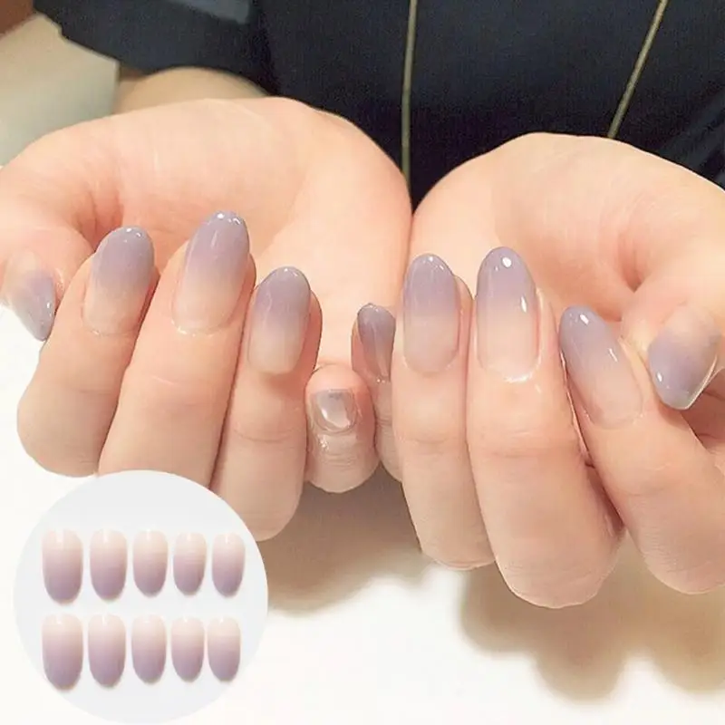 

New 24pcs sexy nude purple Gradient color False Nail Art With Glue plain color Fake Nail Tip Finished manicure nail sticker #3