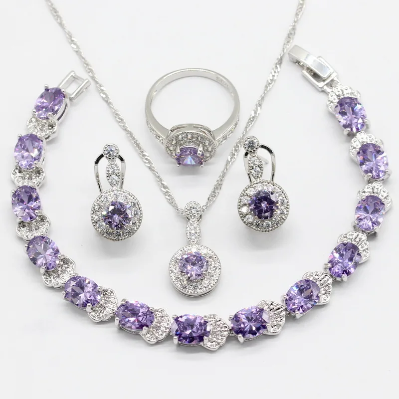 

925 Sterling Silver Jewelry Sets Women Gift Purple Semi-precious 4PCS Necklace Pendant Bracelets Earrings Rings