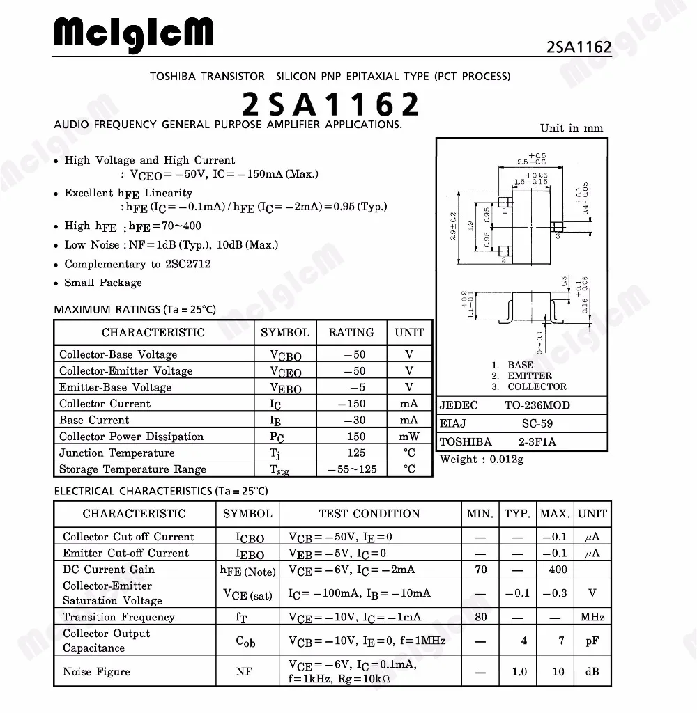 MCIGICM 100 шт 2SA1162 SOT-23 Транс PNP 50 в 0.15A S-MINI