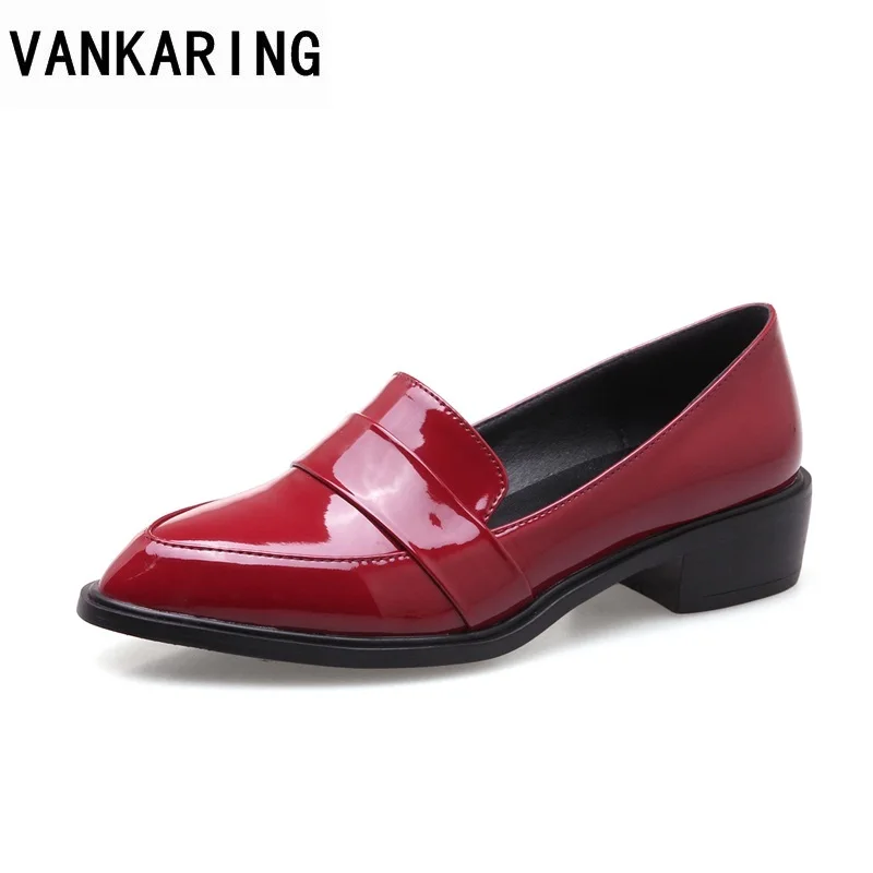 

VANKARING new 2018 spring women flats shoes patent leather flat heels pointed toe black red shoes woman dress casual date shoes