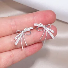 Трендовые серьги-гвоздики в Корейском стиле с цирконием и бантиком, милые романтические серьги-гвоздики розового и золотого цвета с бантом для женщин, ювелирные изделия