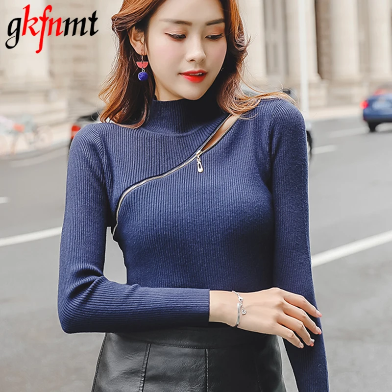 Pull Femme Half Turtleneck Women Sweater And Pullover Zipper Basic Sweaters 2019 Sprint Autumn Korean Solid Knit White Red Tops | Женская