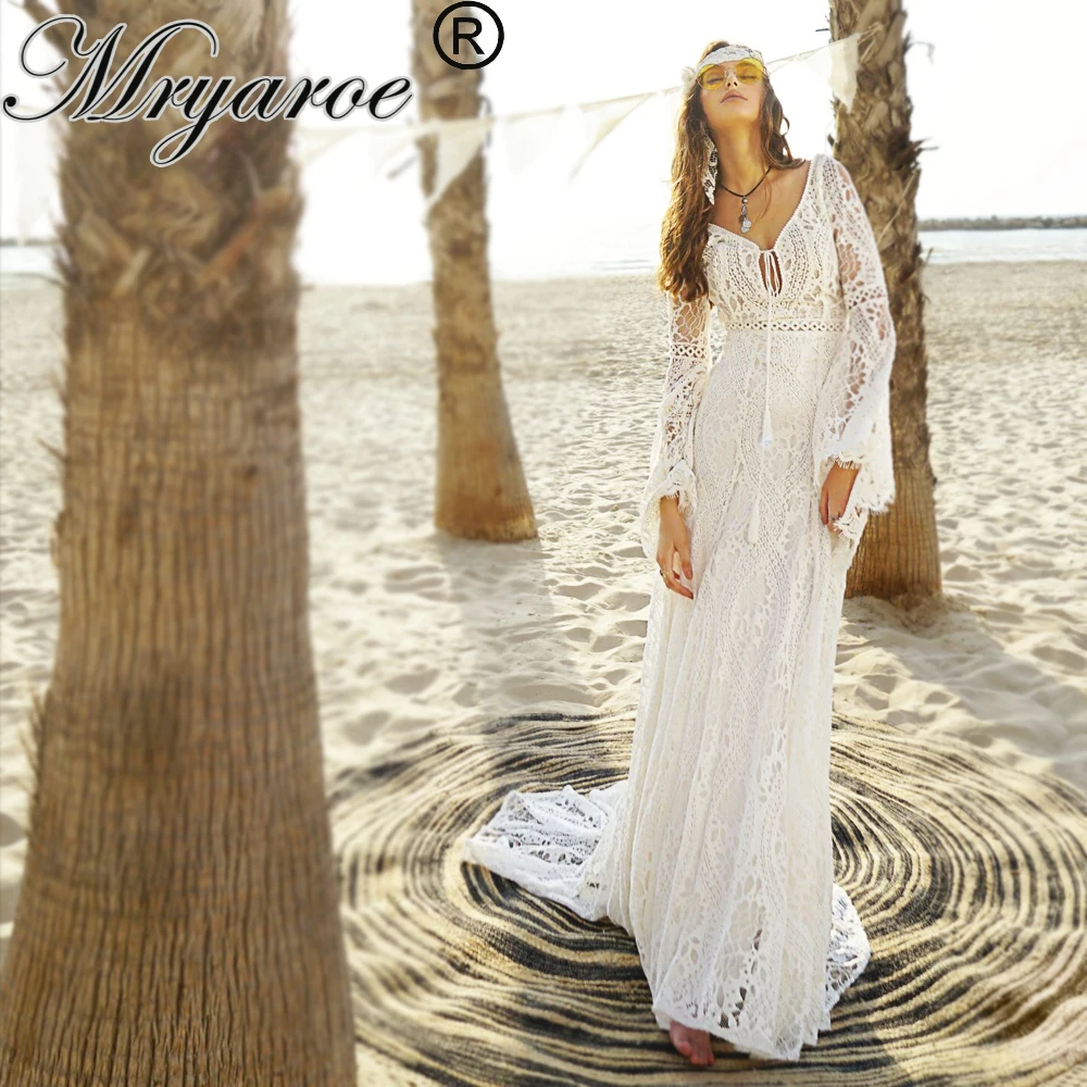 Mryarce роскошное свадебное платье, французское кружево, бохо, шикарное, открытая спина, свадебное платье с расклешенными рукавами