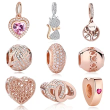 

EVOJEW Rabbit Cat Family Tree Rose Gold Charm Fits Pandora Bracelets Real 925 Sterling Silver Beads Heart Beads DIY Jewelry