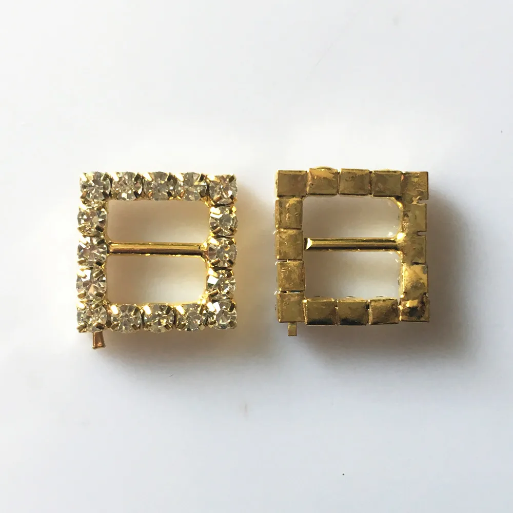 

CJSIR 10Pcs DIY 16x16mm Square Rhinestone Gold Metal Buckle Slider for Wedding Invitation Decor Christmas Buckles