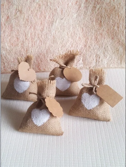 

20set European-style garden wedding jute white love candy bags gift bags with kraft paper DIY label burlap bags sacks(14x10cm)