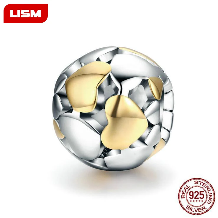 

925 Sterling Silver Charming round fine gold plating beads Fit Original Pandora Charm Bracelet Jewelry making