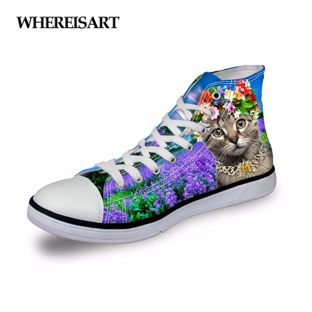 

WHEREISART Brand Women Shoes Spring High Top Girls Canvas Sneakers Cats Animals In Wreath Print Vulcanized Sapato Tenis Feminino