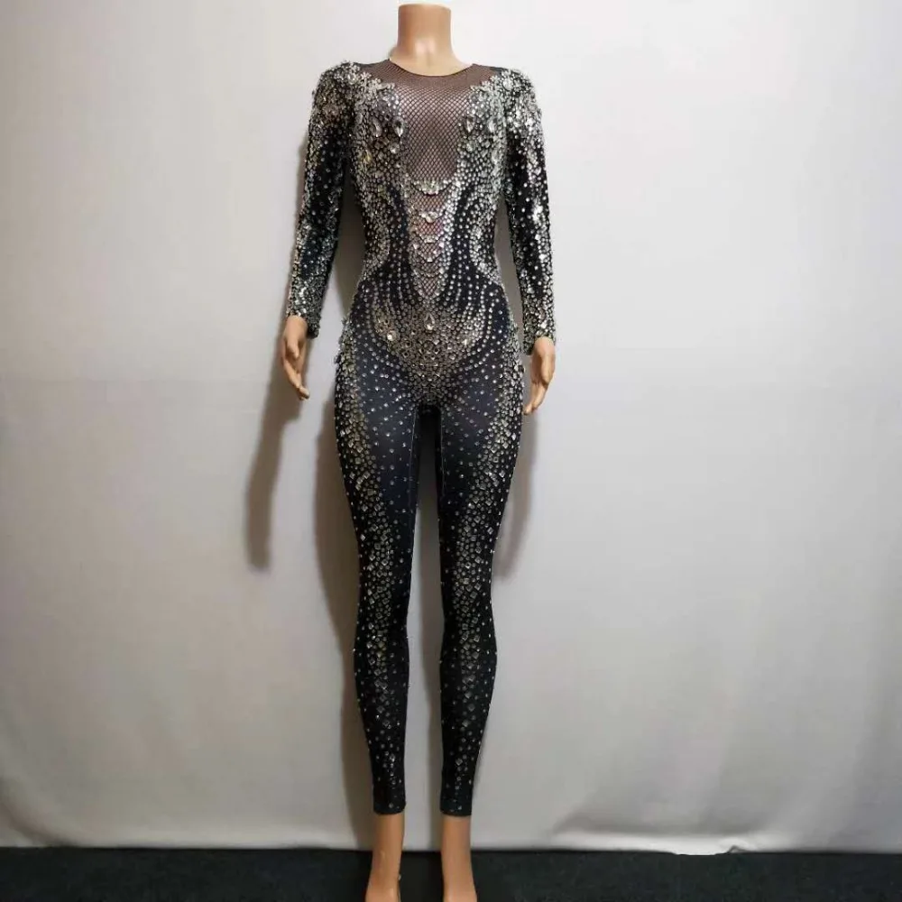 2021 Black Rhinestones Pearls Jumpsuit Bar Dance Clothing Stretch Bodysuit Leggings