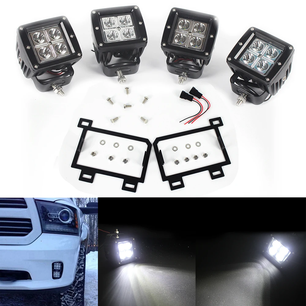 

4PCS LED Fog Light Pods w/ Foglight Location Bracket Wiring For 2013-2018 Dodge RAM 1500 with the Vertical Halogen Fog Lamps
