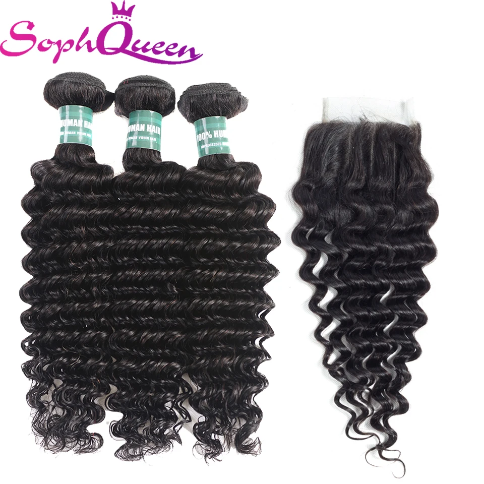 Soph queen hair перуанские волосы глубокие волнистые пучки с закрытием человеческих волос Плетение Пучков с закрытием remy волосы расширения