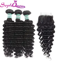 Soph queen hair перуанские волосы глубокие волнистые пучки с закрытием человеческих волос Плетение Пучков с закрытием remy волосы расширения