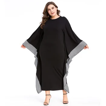 

Muslim Abaya Women Long Sleeve Maxi Dress Autumn Plaid Wide Cuff Ruffles UAE Dubai Arabic Kaftan Islamic Robe Gowns Black