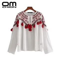 OMCHION Blusas Mujer De Moda 2018 вышивка на шнуровке Кисточкой Блузка с длинными рукавами и круглым вырезом рубашка Свободные Лоскутные Летние топы LA80