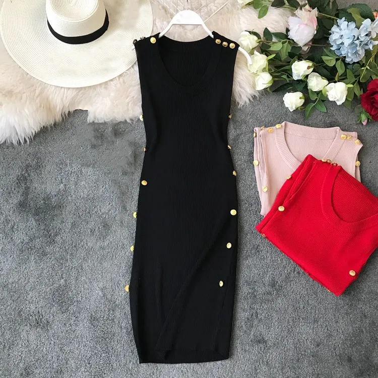 

Women Casual Knitting Dress Sleeveless Package Hip Dress Tank Bodycon Sexy Dress Vestidos