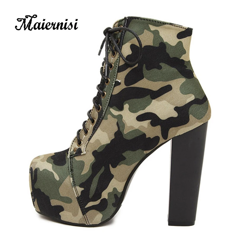 

MAIERNISI Women Camouflage Boot Female Military Boots With Cross Straps Women's Shoes 4.5cm Waterproof Platform