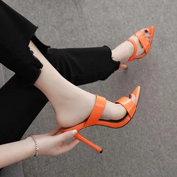 

European /American Style Peep Toe Candy Color Women'S Slippers Shoes Comfortable Non-Slip High Heel Orange Pink Slides Female