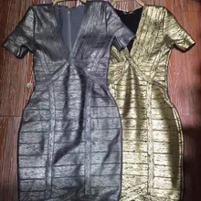 Глубокий v-образный вырез с коротким рукавом Золотая фольга печать Тонкий Bodycon женское вечернее HL Бандажное платье для вечеринок платья
