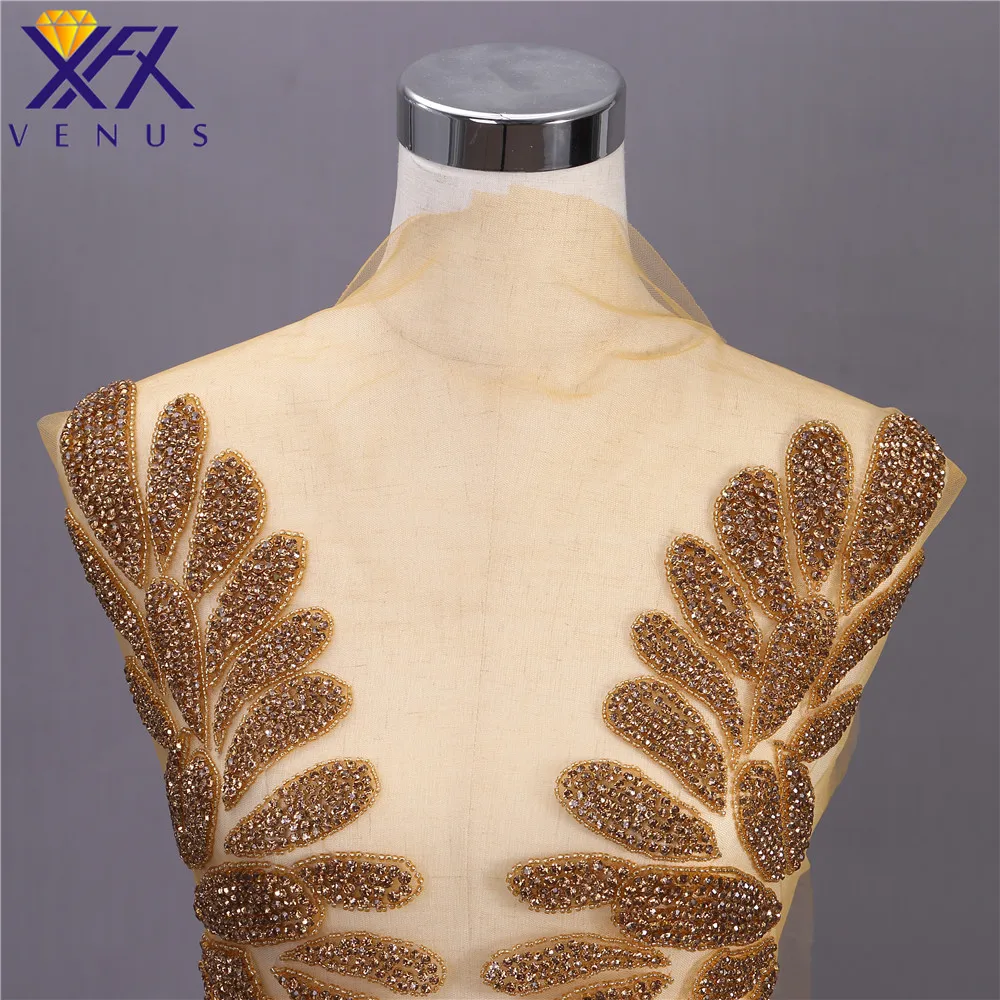 XFX VENUS 1 Set Handmade Gold Shine Rhinestones applique beads patches large size big trimming motif bodice for wedding dresses