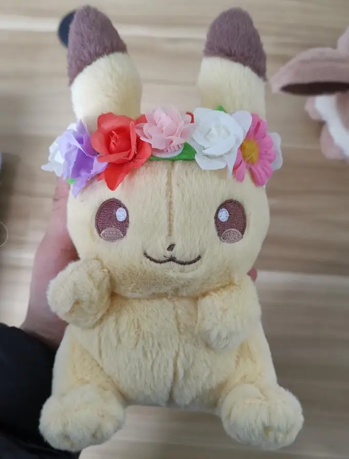 Japan Anime Pikachu& Eevee with Flower head ring Ver. Plush Toys