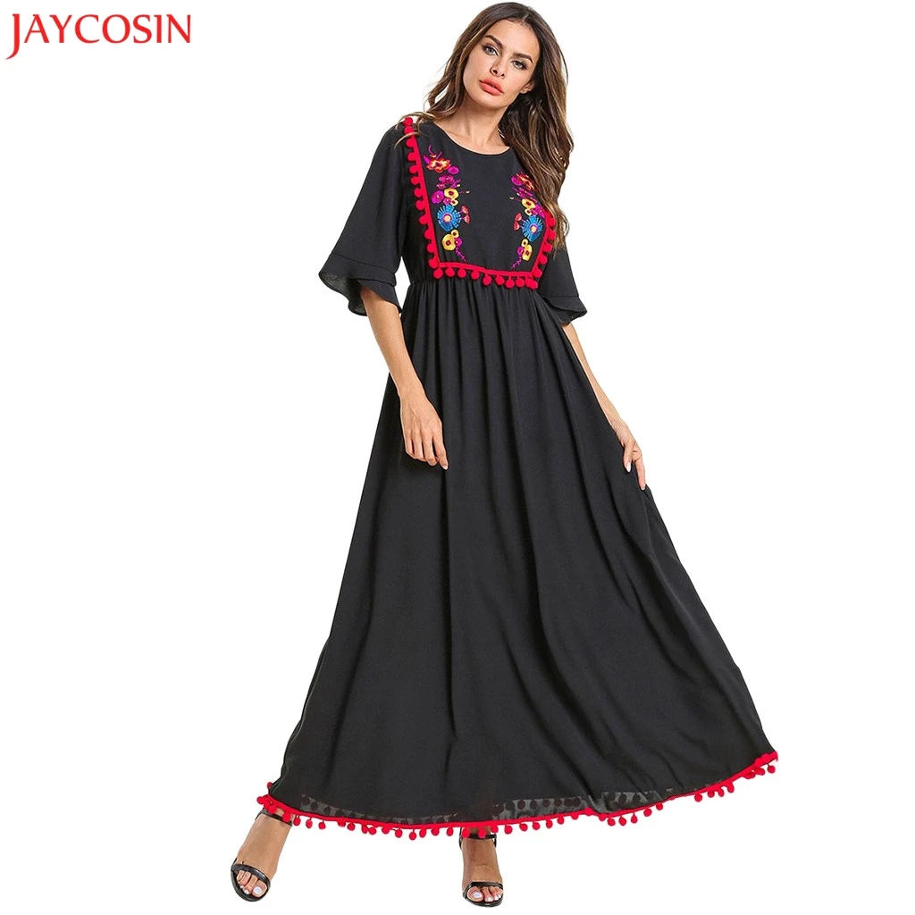 

JAYCOSIN Women Muslim Spliced O-Neck Black Loose Half Sleeve Arab Patchwork Dress Islam Jilbab Cotton Dress plus size caftan z04