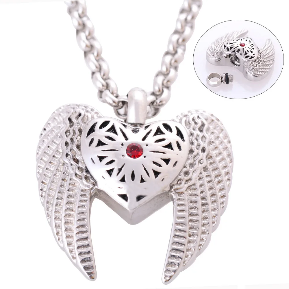 316L Stainless Steel Cremation Jewelry Memorial Angel's Wings Crystal