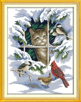 

Cat and Birds Counted Cross Stitch 11CT 14CT DMC Cross Stitch Sets DIY Cross Stitch Kits for Embroidery Home Decor Needlework