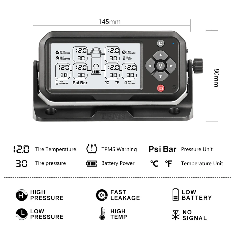 Truck TPMS Tyre Pressure Monitoring System Automotive Tire Failure Alarm Apparatus 6 External Sensors Tire Abnormal Temperature