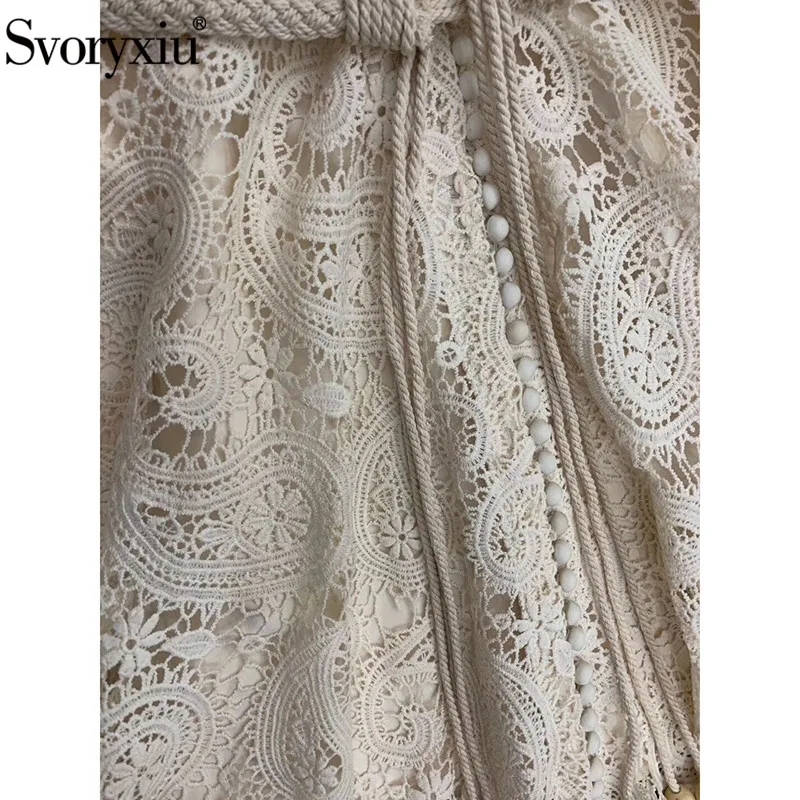 Svoryxiu High End Hollow Out Lace Embroidery Lantern Sleeve Maxi Dress Women's Single Breasted Runway Autumn Party Long Dresses