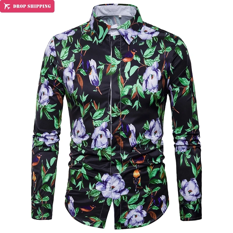 

DropshippingMens Slim Fit Luxury Floral Print Dress Shirts Long Sleeve Chemise Homme New Casual Stylish Shirt Men Camisas