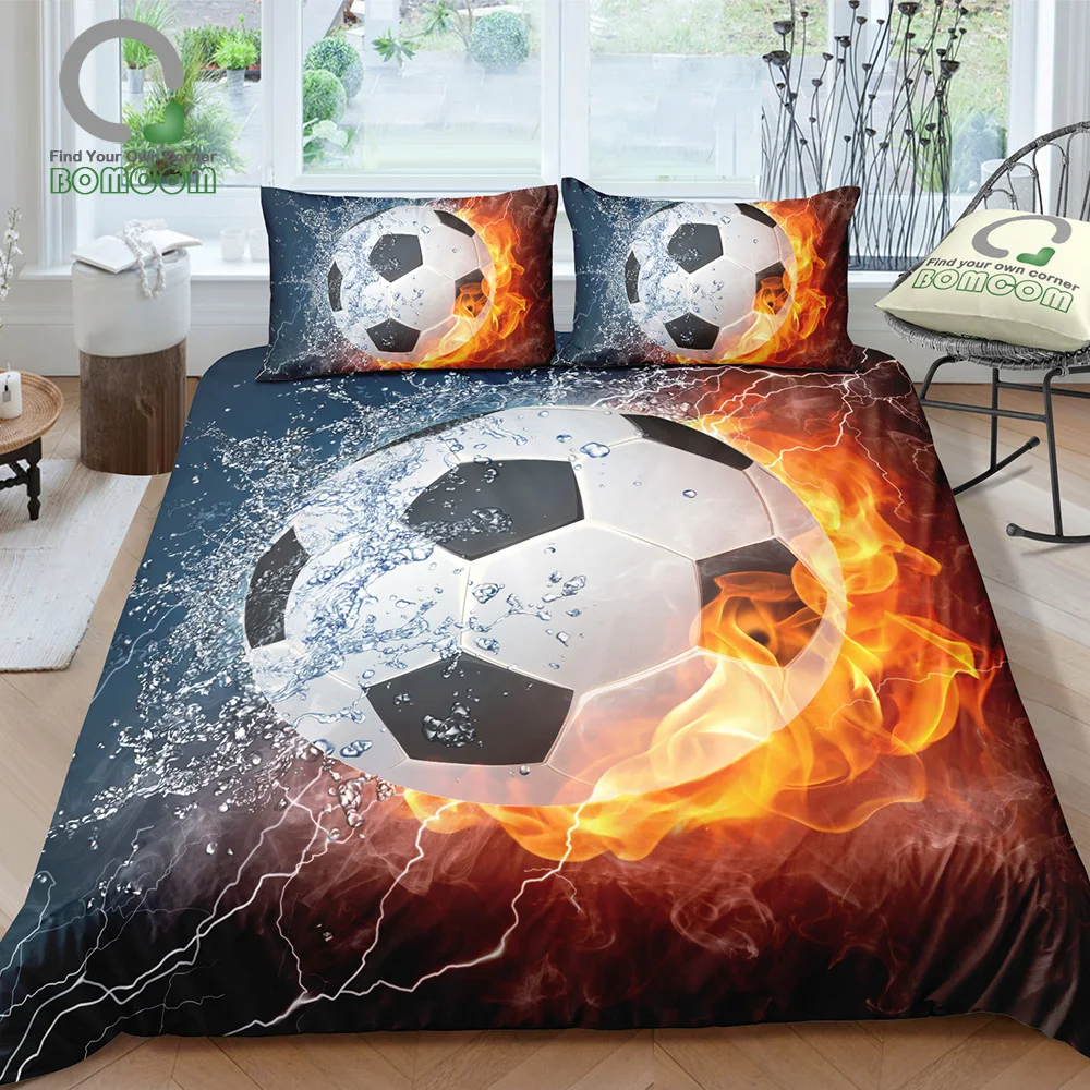 

BOMCOM 3D Digital Printing Football Bedding Set Soccer Ball on Fire & Water Duvet Cover Sets 100% Microfiber Dark Blue