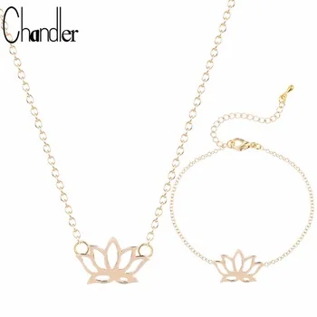 Chandler Antique Gold Color Lotus Flower Bracelet/Necklaces For Women Girls Jewelry Set Romantic Engagement Bridal Accessaries