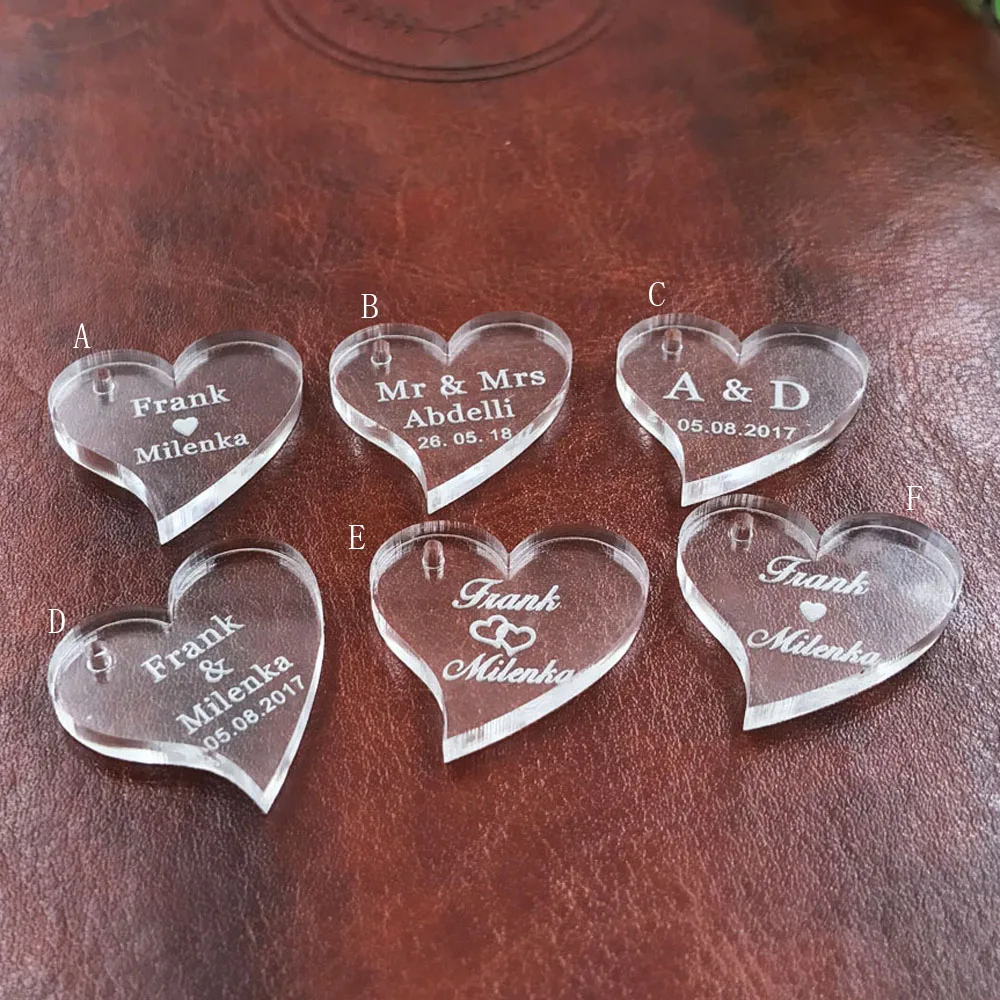 (50pcs)Personalized clear MR & MRS Surname Love Heart Wedding Table Decor Favors Customized Acrylic last name and date hearts