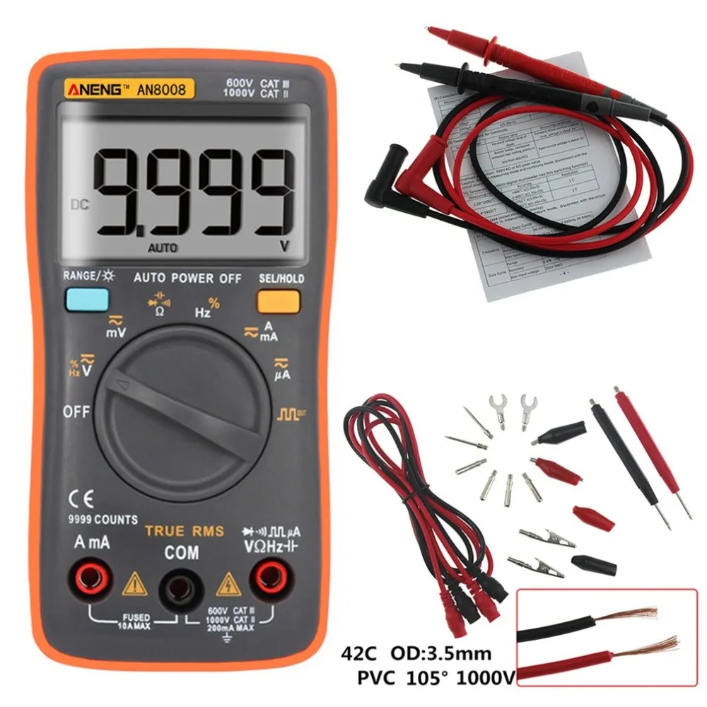 

ANENG AN8008 True-RMS Digital Multimeter 9999 Counts Transistor Tester Capacitor Tster Automotive Electrical rm409b Clip Test