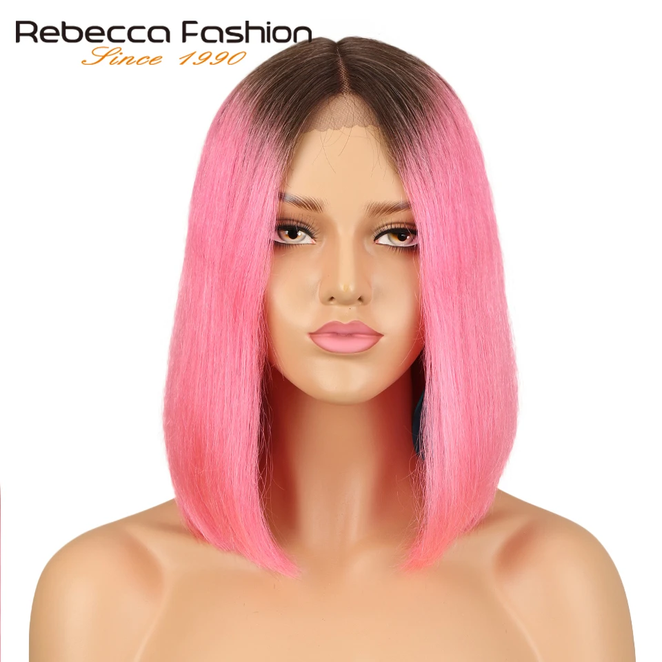 

Rebecca Middle Part Lace Front Wigs For Women Brazilian Virgin Hair Silky Straight Short Bob Ombre Pink Brick Red Color Remy Wig