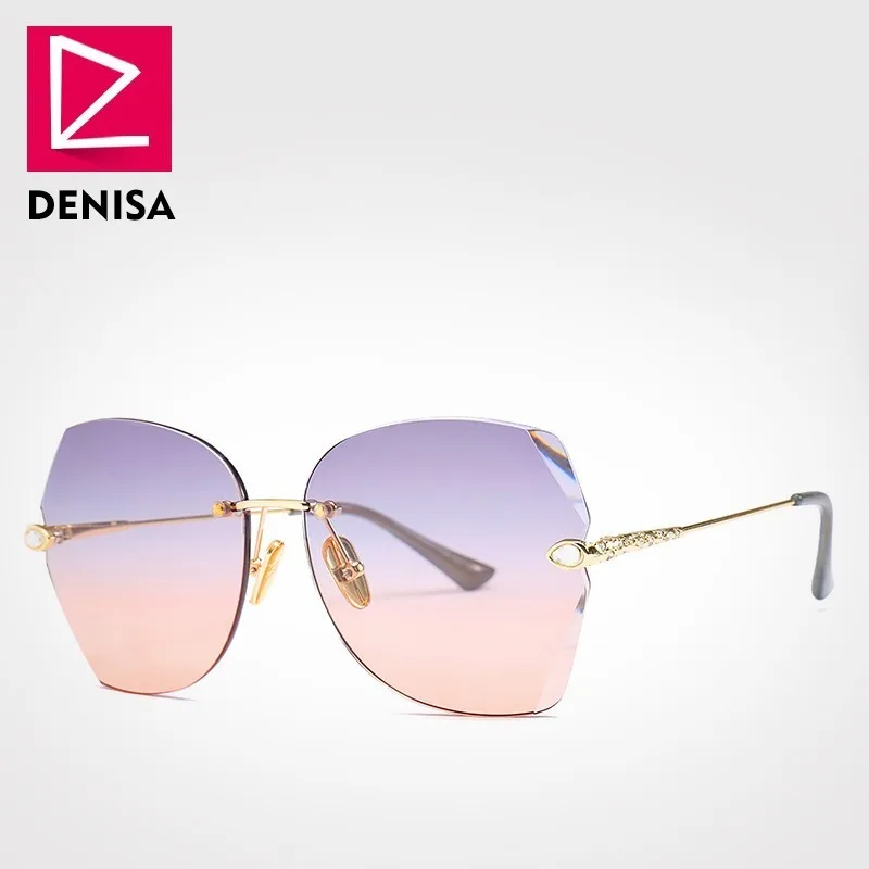 Бренд DENISA Luxuxry, женские солнцезащитные очки, стразы,, градиентные, без оправы, женские солнцезащитные очки, UV400, оттенки для женщин, G31254 - Цвет линз: Gray-Orange Sunglass