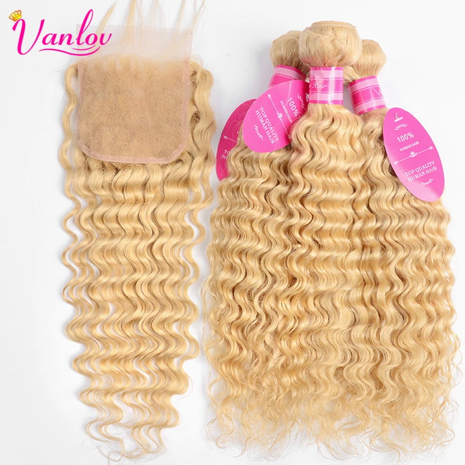 Vanlov Blonde Bundles With Closure Malaysian Deep Wave Bundles With