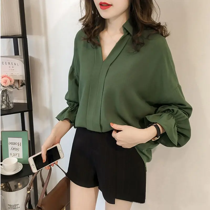 

2019 3XL Blouse Plus Size Women Tops Autumn Flare Long Sleeve Chic Elegant Work Office Shirts Sexy V Neck Blusas Femme