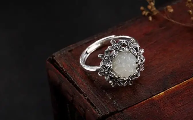 

JOOCHEER Sterling S925 925 silver ring peony Natural stone vintage